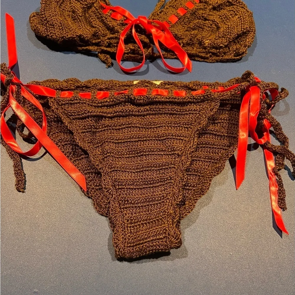 Anna Kosturova Y2K Brown Crochet Pink Ribbon Bikini Boho Hippie Beach - Picture 2 of 12
